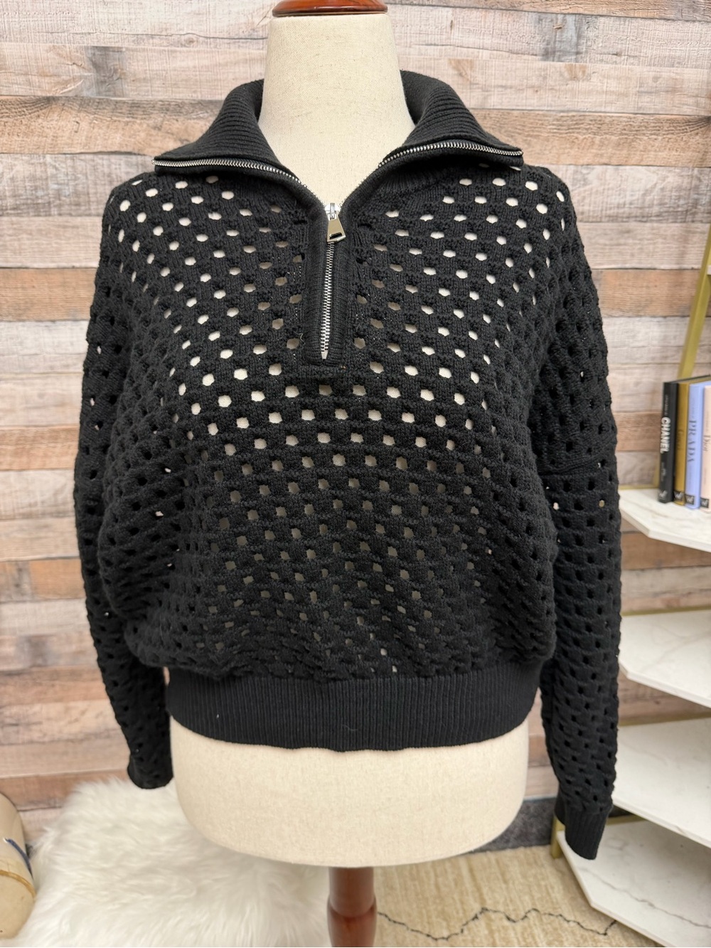 Elan Black crochet sweater half zip pullover